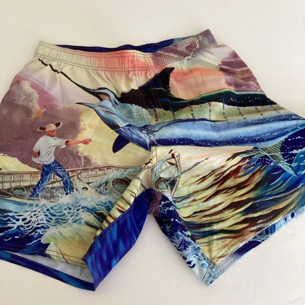 Guy Harvey Santigold Swim Trunks Men’s Size Medium Multi Color Old Man And Sea